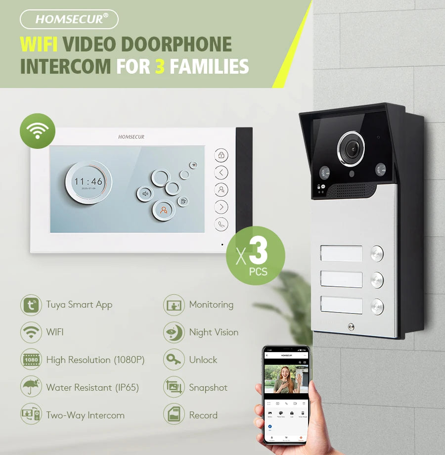 HOMSECUR Tuya App 7" WIFI Video Door Phone Intercom Doorbell Auto Recording For 3 Families