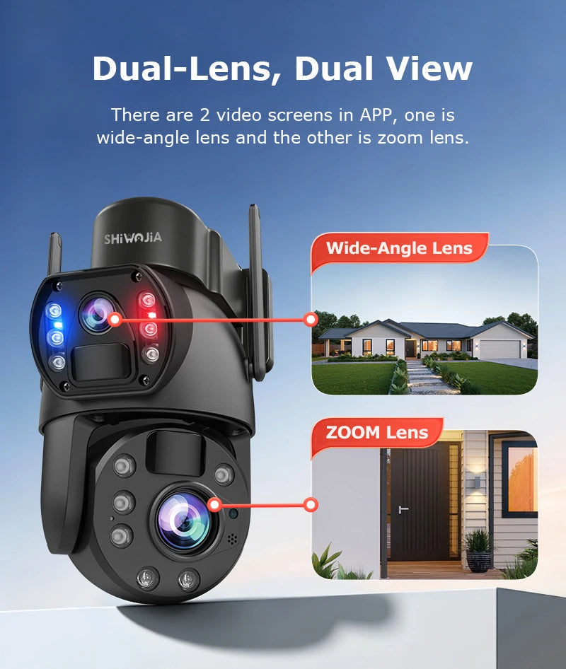 SHIWOJIA 4G Solar Security Camera Outdoor 60X Zoom Dual Screen 10MP WiFi PIR Detection AI Auto Tracking Camera UBOX