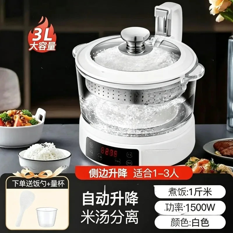 White 3L electric rice cooker with stainless lid and steamer basket inside
