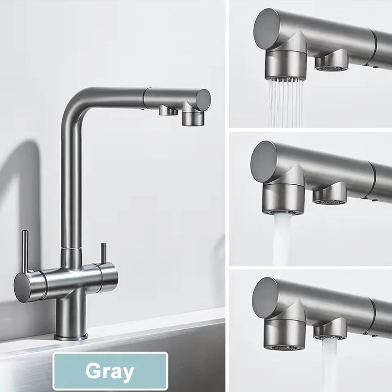 Black Water Purifier Kitchen Faucet 2 In 1 Pull Out Flexible Hot and Cold Water Mixer Tap with Filter Nozzle Faucets