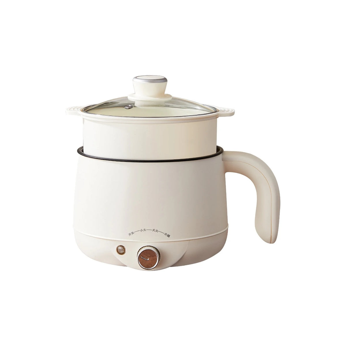 White electric hot pot with glass lid, side handle, and front temperature dial