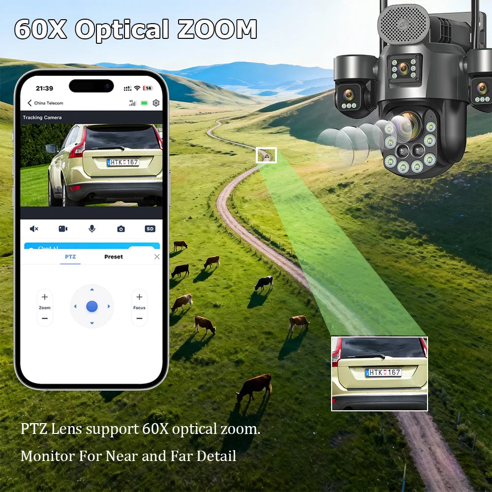 60X Optical Zoom Home Surveillance Solar Cameras 4G Security Protection Auto Track  24/7 Record 4 Screen/4 Lens CCTV PTZ Camera
