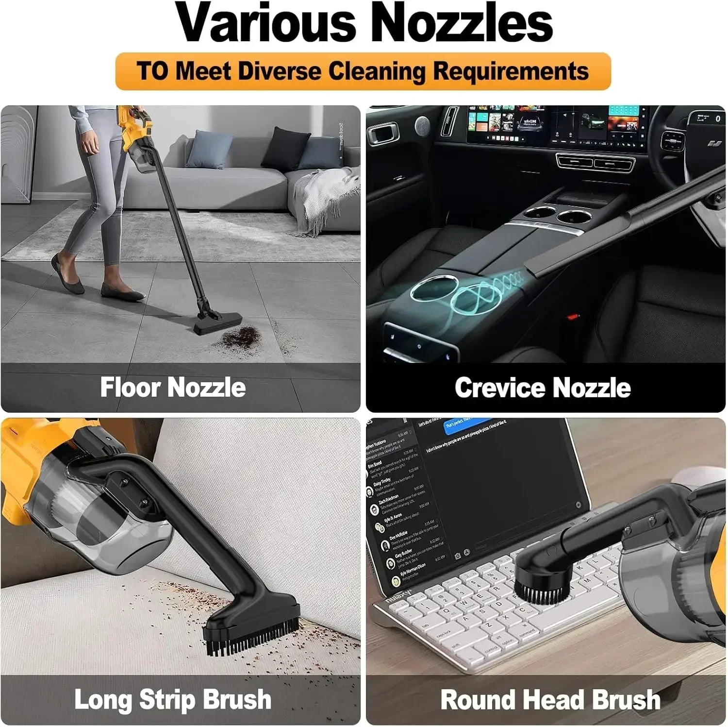 Cordless yellow handheld vacuum for DeWalt 20V battery, removes pet hair from floors, car interiors, and furniture.