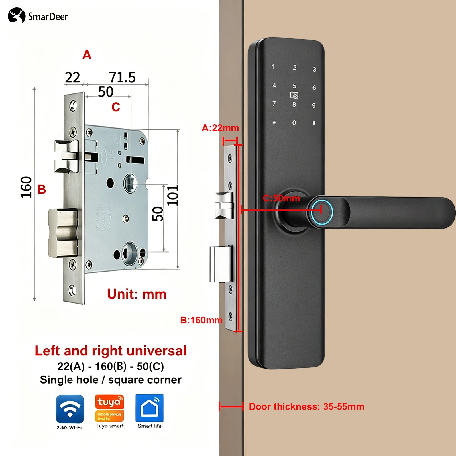 SmarDeer Indoor 5-in-1 Intelligent Door Lock,Tuya WIFI Fingerprint Lock，Keyless Entry Smart Electronic Door Lock for Home