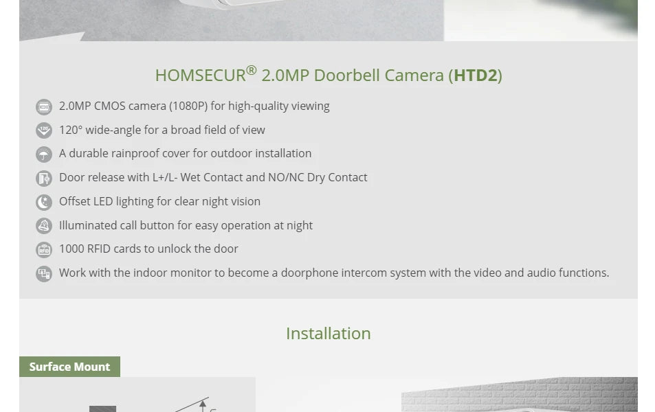 Surface Mount 4 Wire HD Doorbell Camera HTD2 120° View Angle RFID Access for HOMSECUR 1080P Home Video Door Phone Intercom