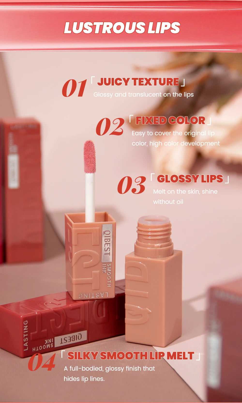 QIBEST glossy watery lip glaze with applicator, featuring a moisturizing, long-lasting red liquid lipstick formula.