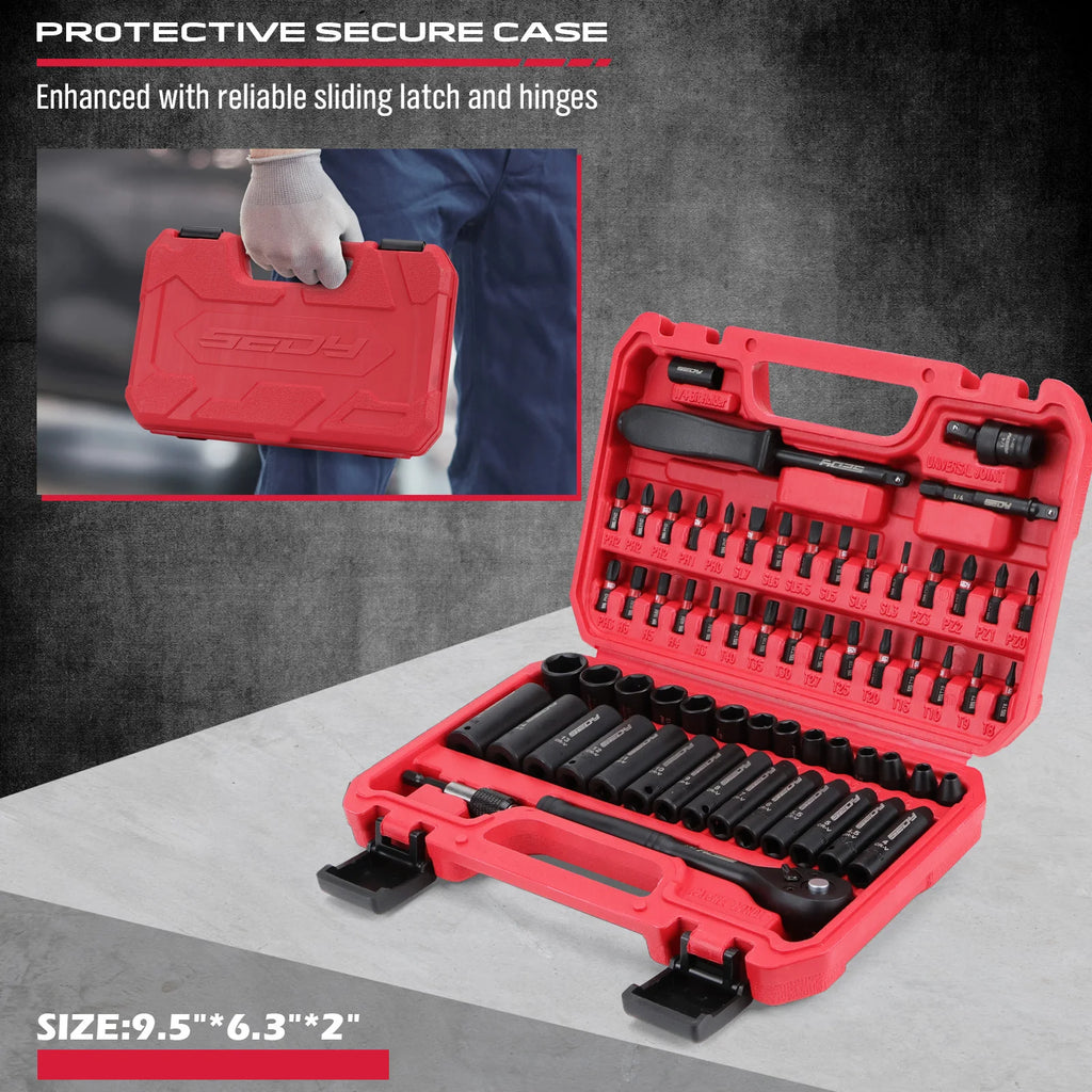SEDY 64-Piece 1/4" Drive Impact Socket Wrench Driver-Bits Set Cr-V Metric&SAE Deep and Shallow Socket Set S2 Power Bits