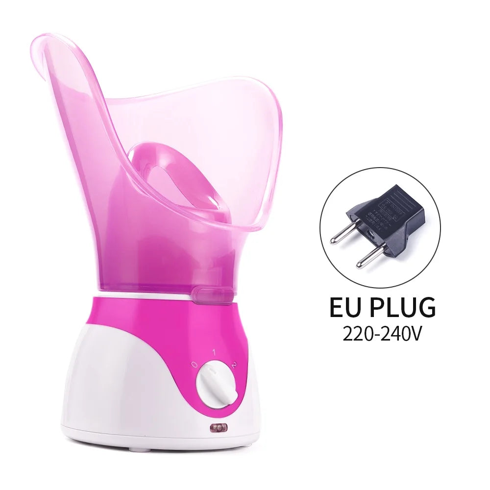 Pink and white facial steamer with adjustable heat settings for deep pore cleaning and home spa skin moisturizing.