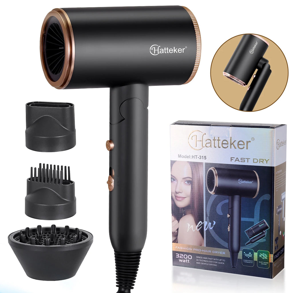 Black and rose gold Hatteker foldable negative ion hair dryer with three styling attachments and retail packaging.