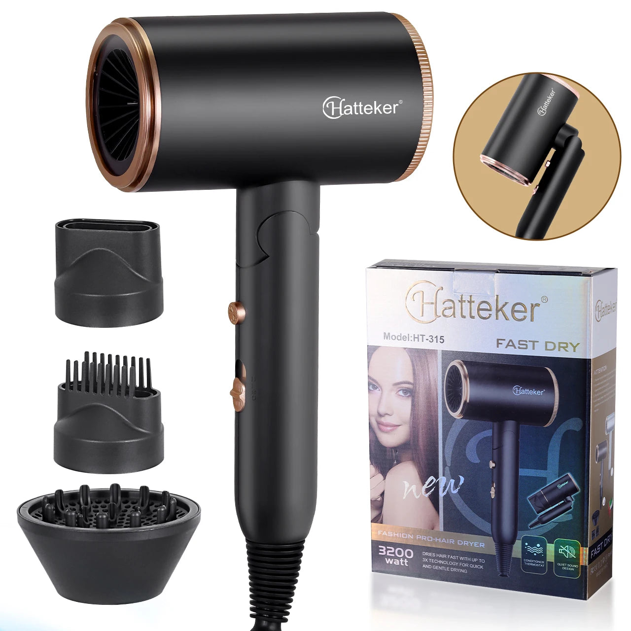 Black and rose gold Hatteker foldable negative ion hair dryer with three styling attachments and retail packaging.