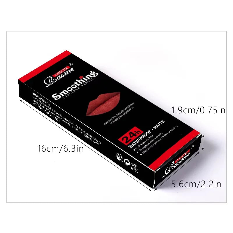 12-color lip liner pencil set box with 24h waterproof, matte, silky texture formula for professional lip makeup.