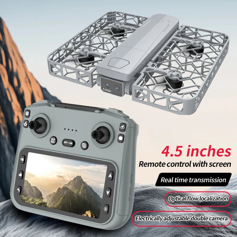 Grey drone with protective frame and remote control with 4.5-inch screen for real-time video transmission and flight.