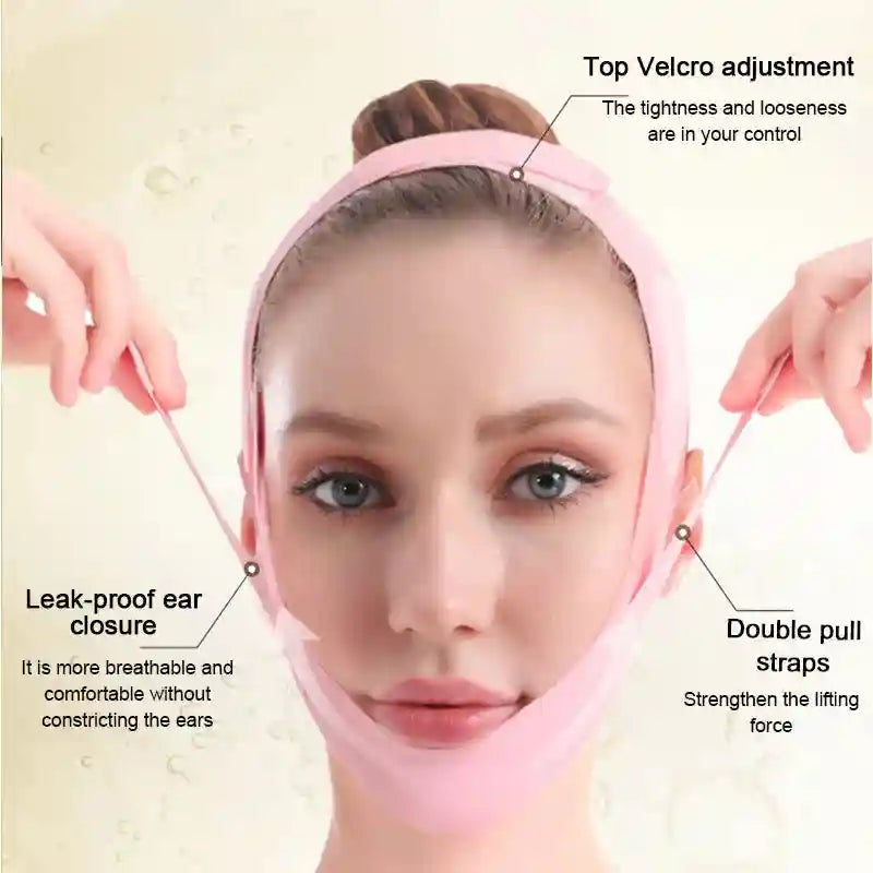 Woman wearing pink V-line face slimming bandage with adjustable Velcro and ear-cutouts for chin lifting and firming.