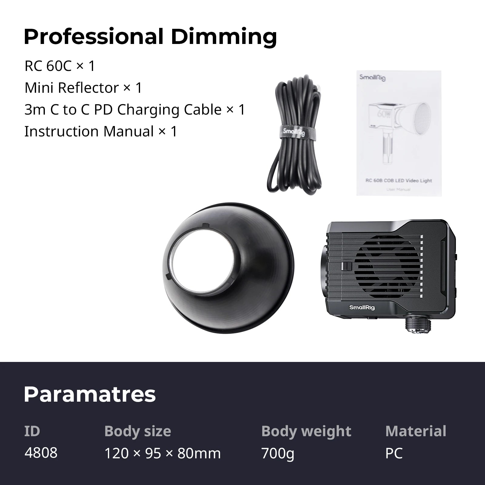 RC 60C COB LED video light kit including a black reflector, charging cable, and manual for studio lighting.