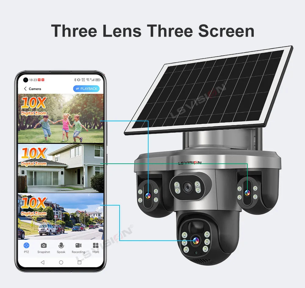 LS VISION 4G / WiFi Solar Camera 3Lenses Outdoor 15MP 4K Low Power Battery IP Camera PIR Night Vision V380 Pro CCTV Security