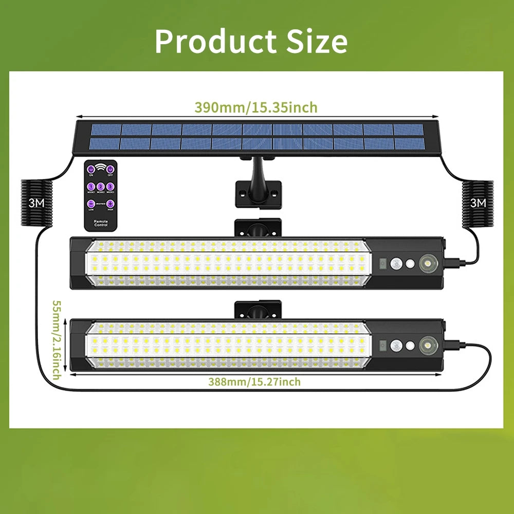 New 316 LED Solar Light Bar Outdoor 4 Modes Motion Sensor Separate 2 Head Lamp with 3 Meter Wire Street Wall Lights Garage Yard