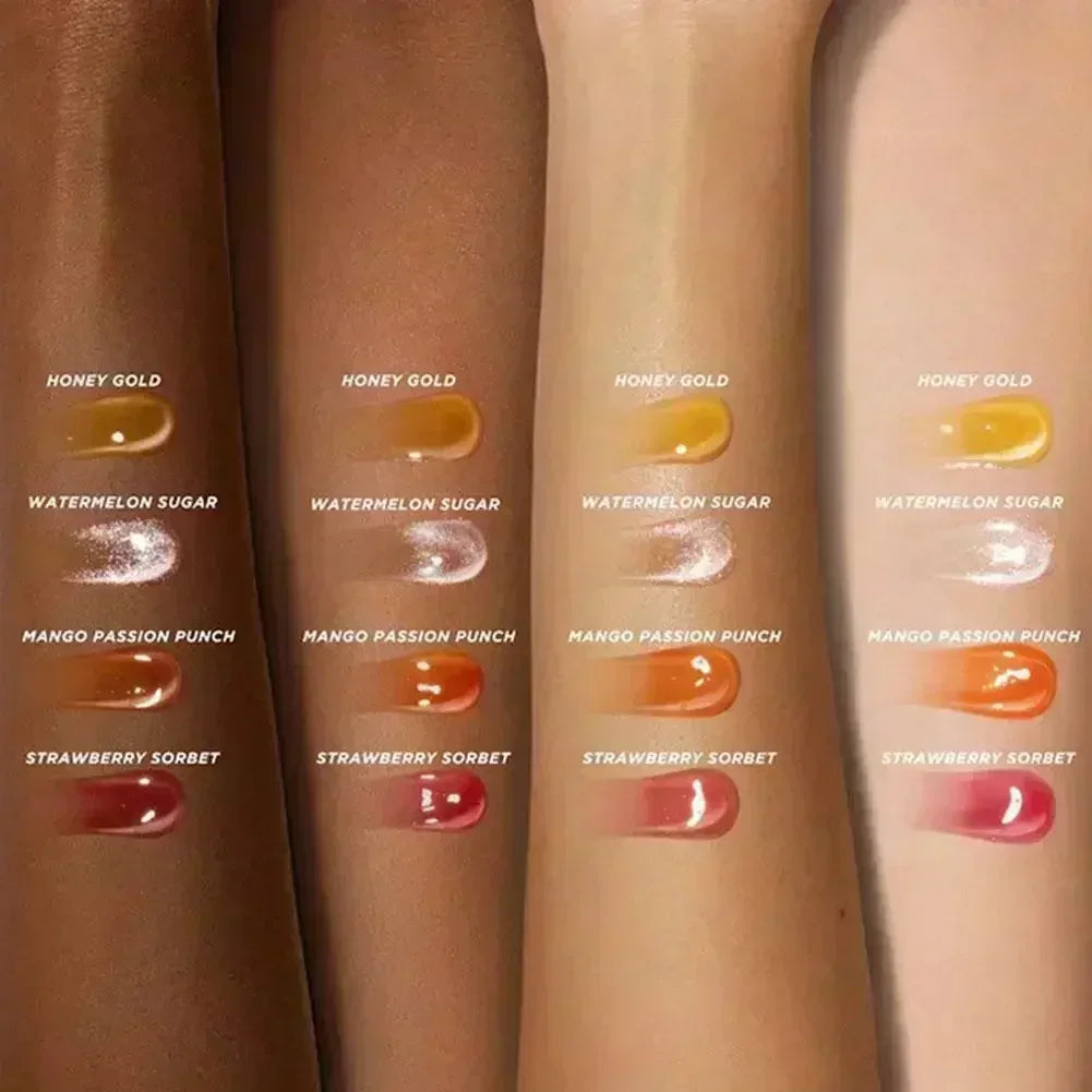 Moisturizing lip oil swatches in Honey Gold, Watermelon, Mango, and Strawberry shades on various skin tones.