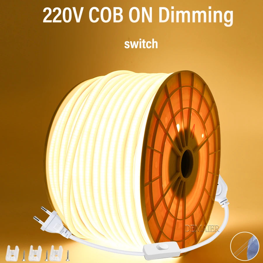 220V COB LED Strip with Switch /Dimmable Waterproof 360LED Strip EU Plug for Outdoor Indoor Room Backlight Garden Kitchen TV
