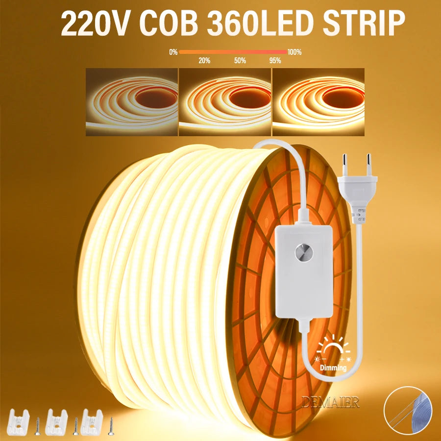 220V COB LED Strip with Switch /Dimmable Waterproof 360LED Strip EU Plug for Outdoor Indoor Room Backlight Garden Kitchen TV