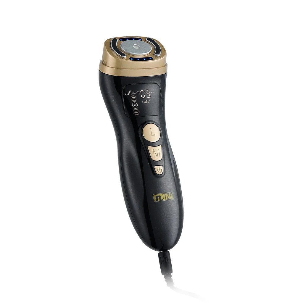 Black and gold portable facial lifting device with a digital display, buttons, and a circular treatment head.
