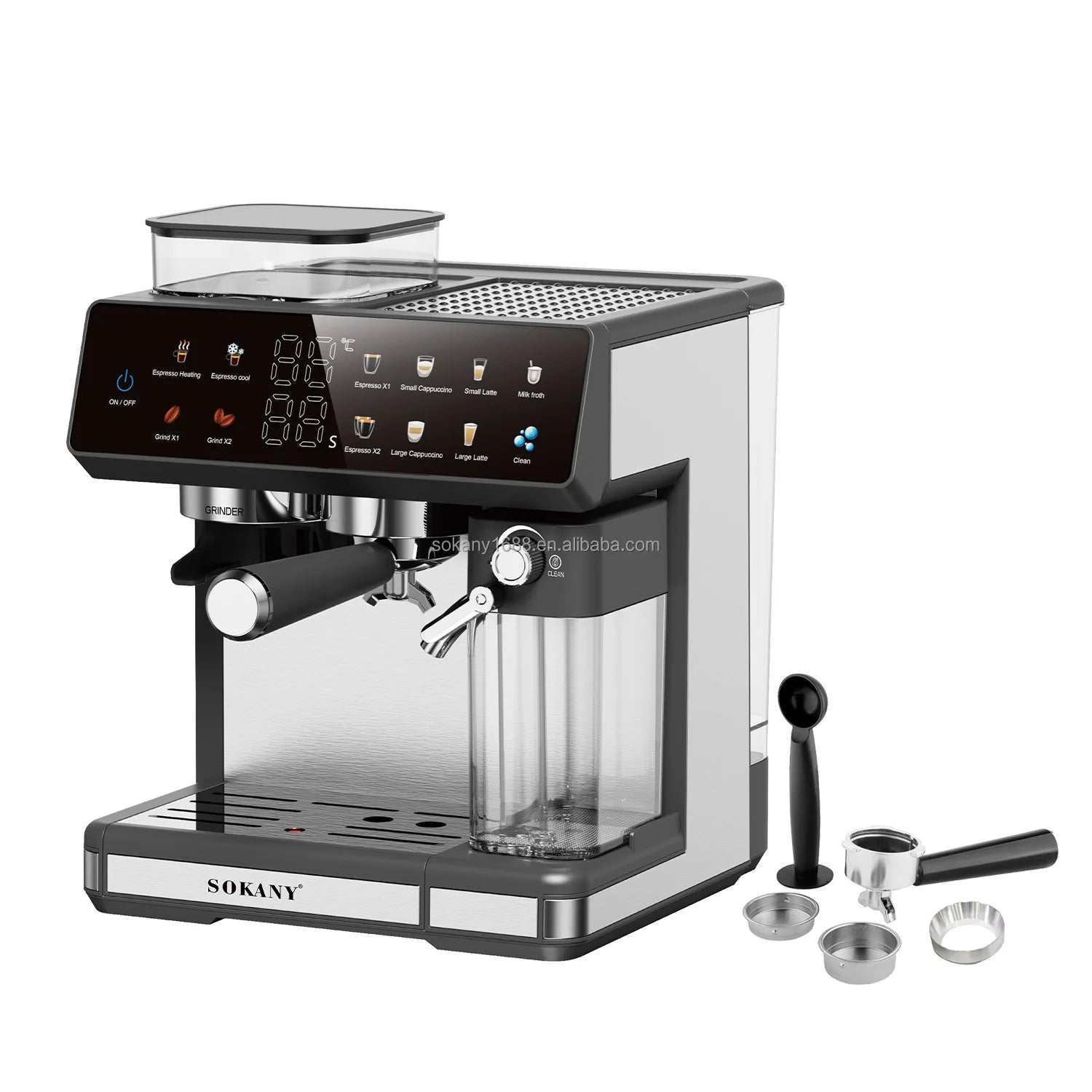 Sokany stainless steel espresso machine with integrated grinder, touch control panel, and milk frother accessory.