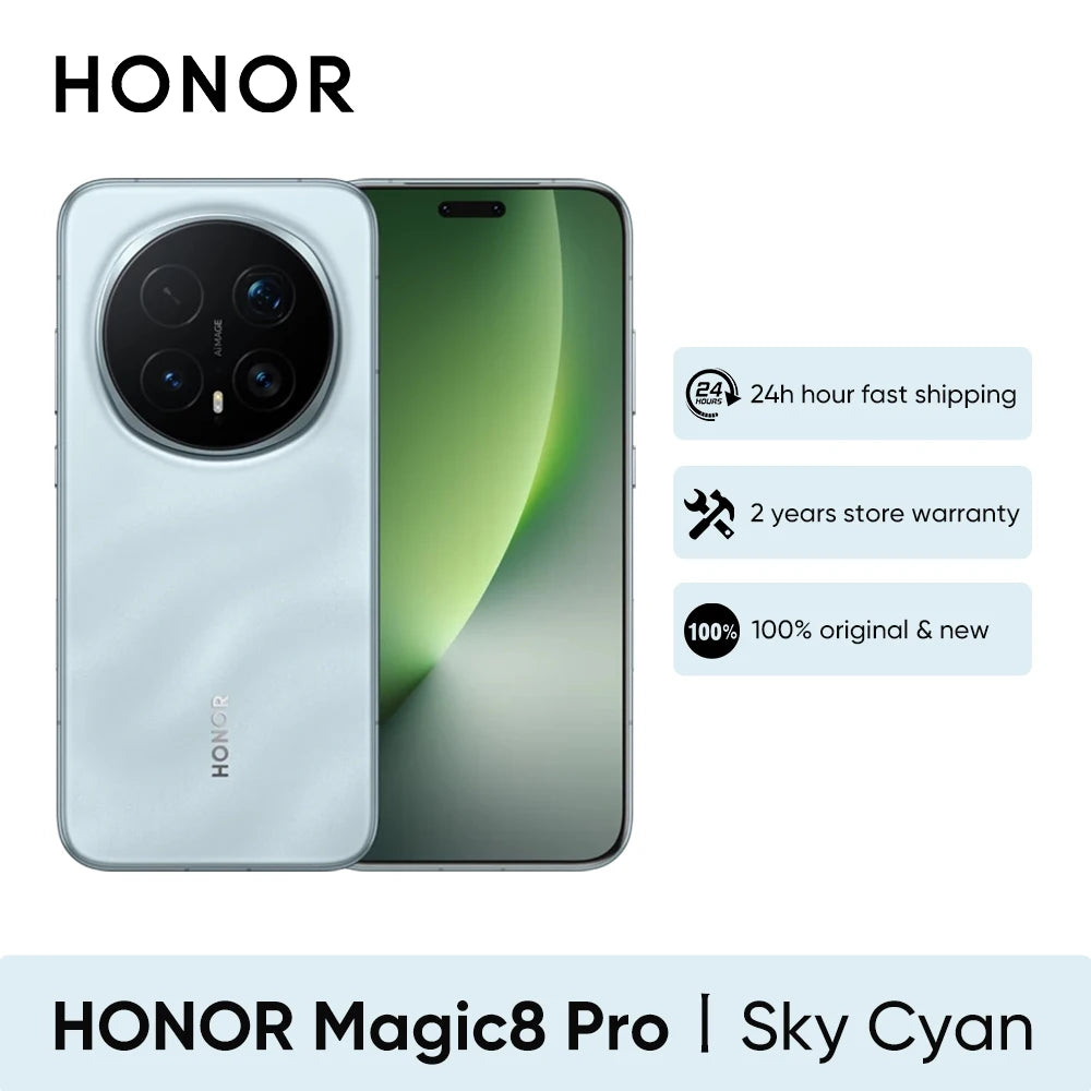 HONOR Magic8 Pro Sky Cyan front and back view, 200MP AIMAGE camera, 6.71'' OLED display, 5G flagship smartphone.