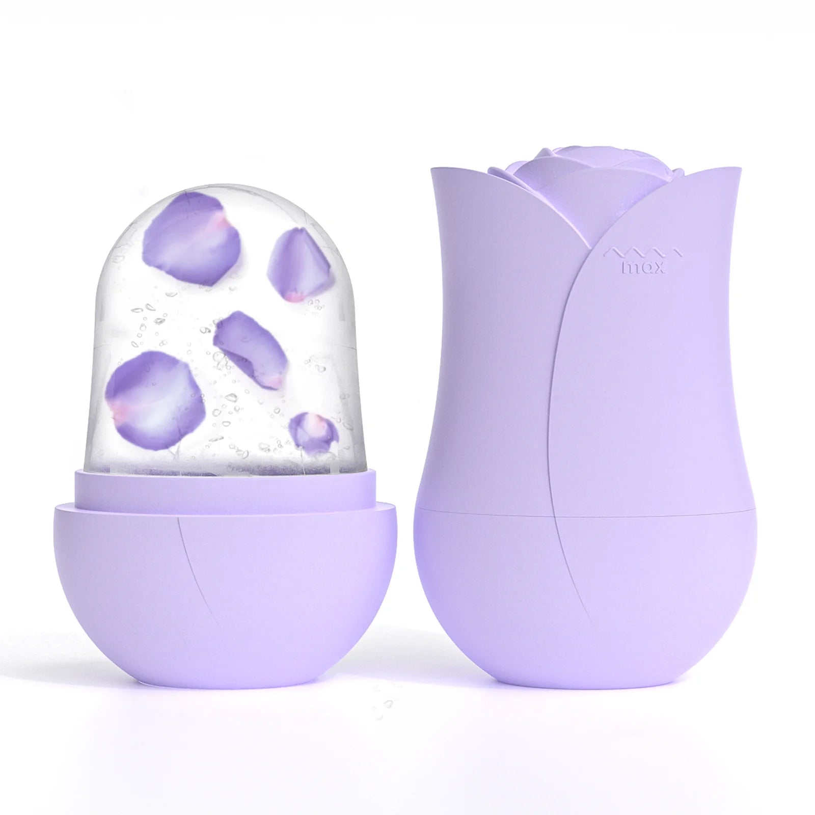 A lavender, rose-shaped silicone ice roller with a detachable base, displaying a frozen ice core with purple petals.