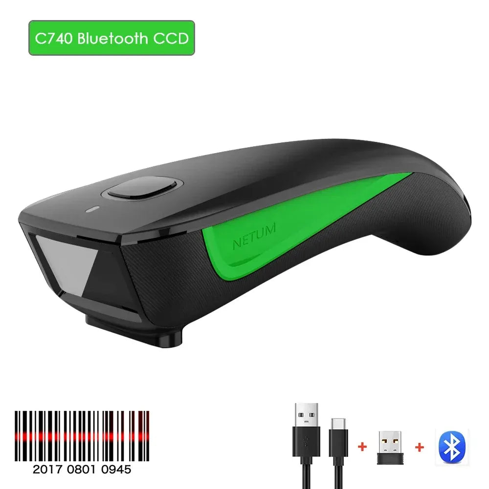 Black CCD Bluetooth barcode scanner with green stripe; shows USB cable and dongle icons