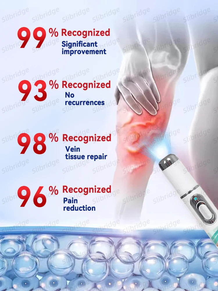 A white handheld blue light laser pen device treating a leg, with performance statistics and text overlay.