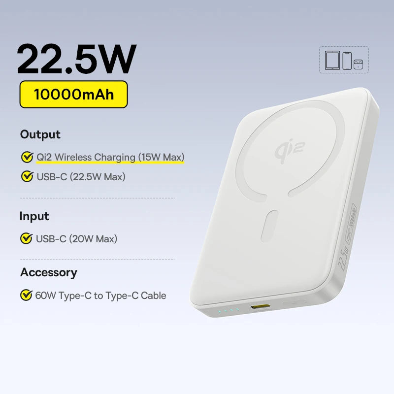 Magnetic Power Bank 10000mAh 15W Wireless Charger for iPhone 16 Qi2 15W White 10000mAh Tidesmit