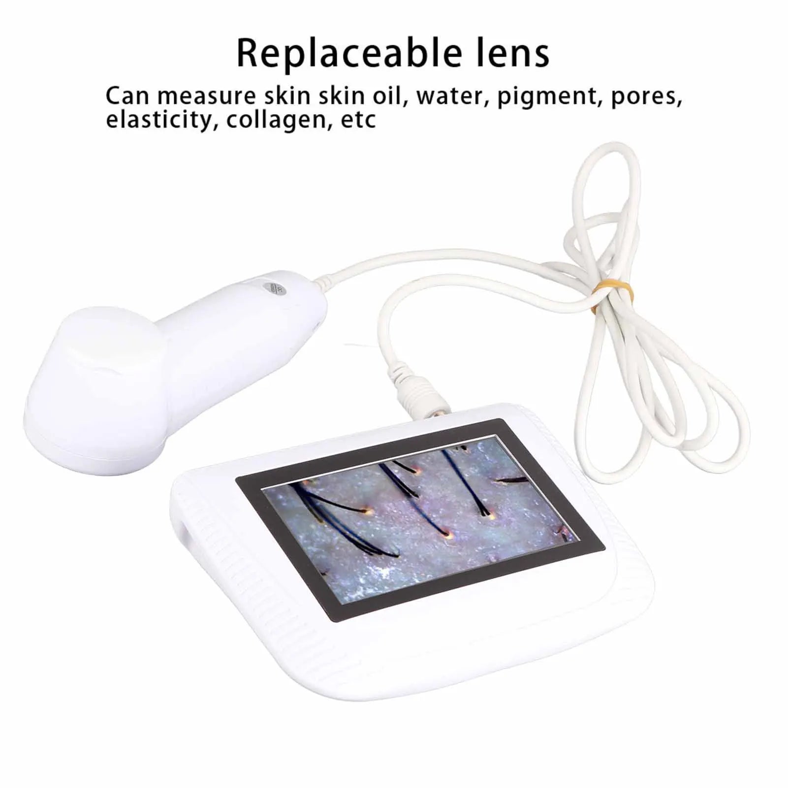 White digital skin analyzer with screen showing hair follicle scan, 50X/200X lens for moisture and pigment testing.