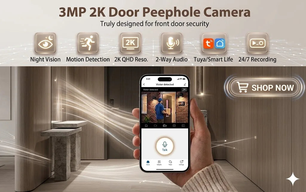 IR Night Vision 3MP 2K HD 180° Video Doorbell Peephole Camera Two-Way Audio Motion Detect, Tuya App, Dual WiFi, EU/US/UK/AU Plug