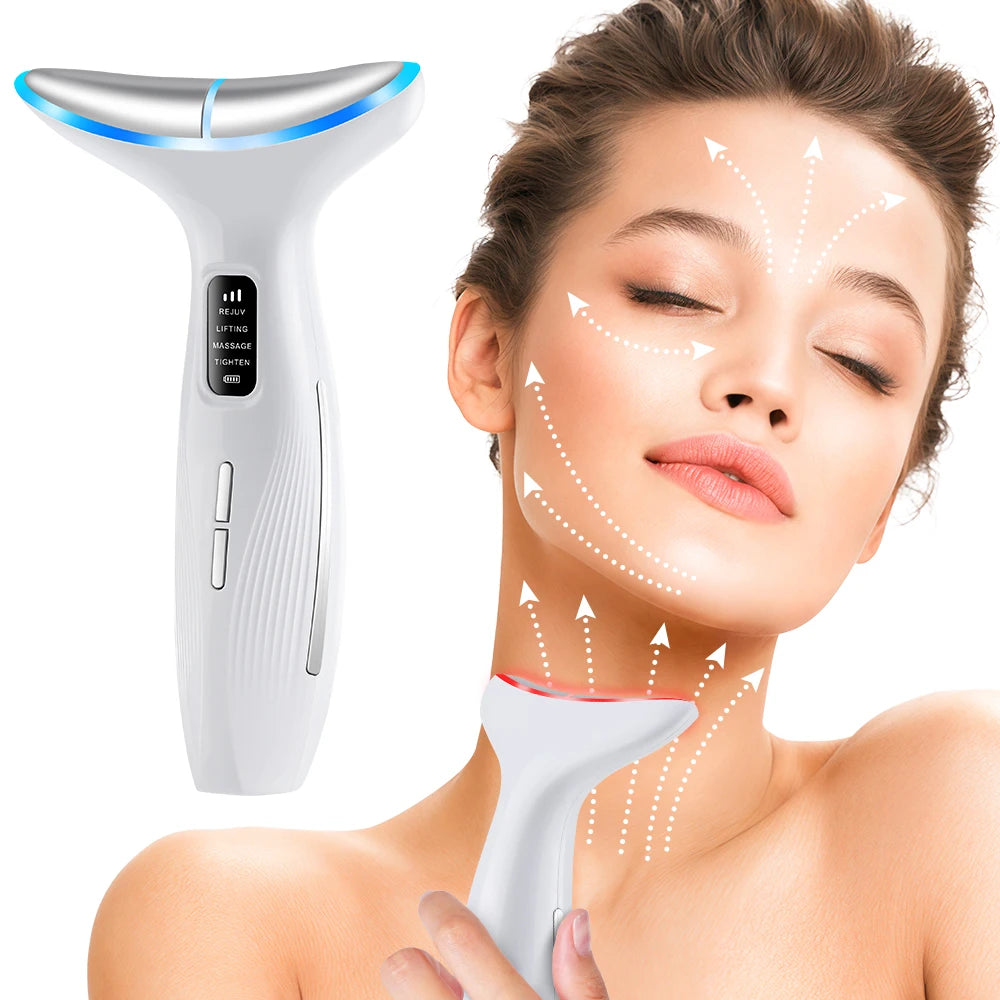 White, ergonomic EMS face and neck massager with LED light therapy, used by a woman to lift and tighten skin.
