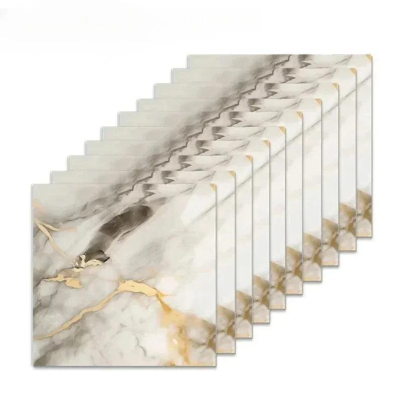 White and grey marble 3D tile wall sticker sheets with gold veining, self-adhesive