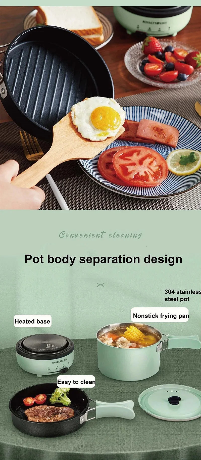 Mint green electric cooking pot with removable heating base and nonstick frying insert