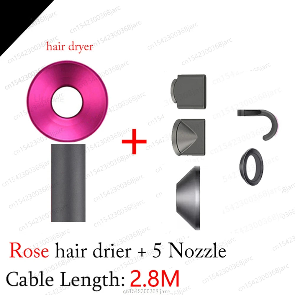 Pink leafless negative ion hair dryer with 5 styling nozzles and 2.8m cord for professional salon results.
