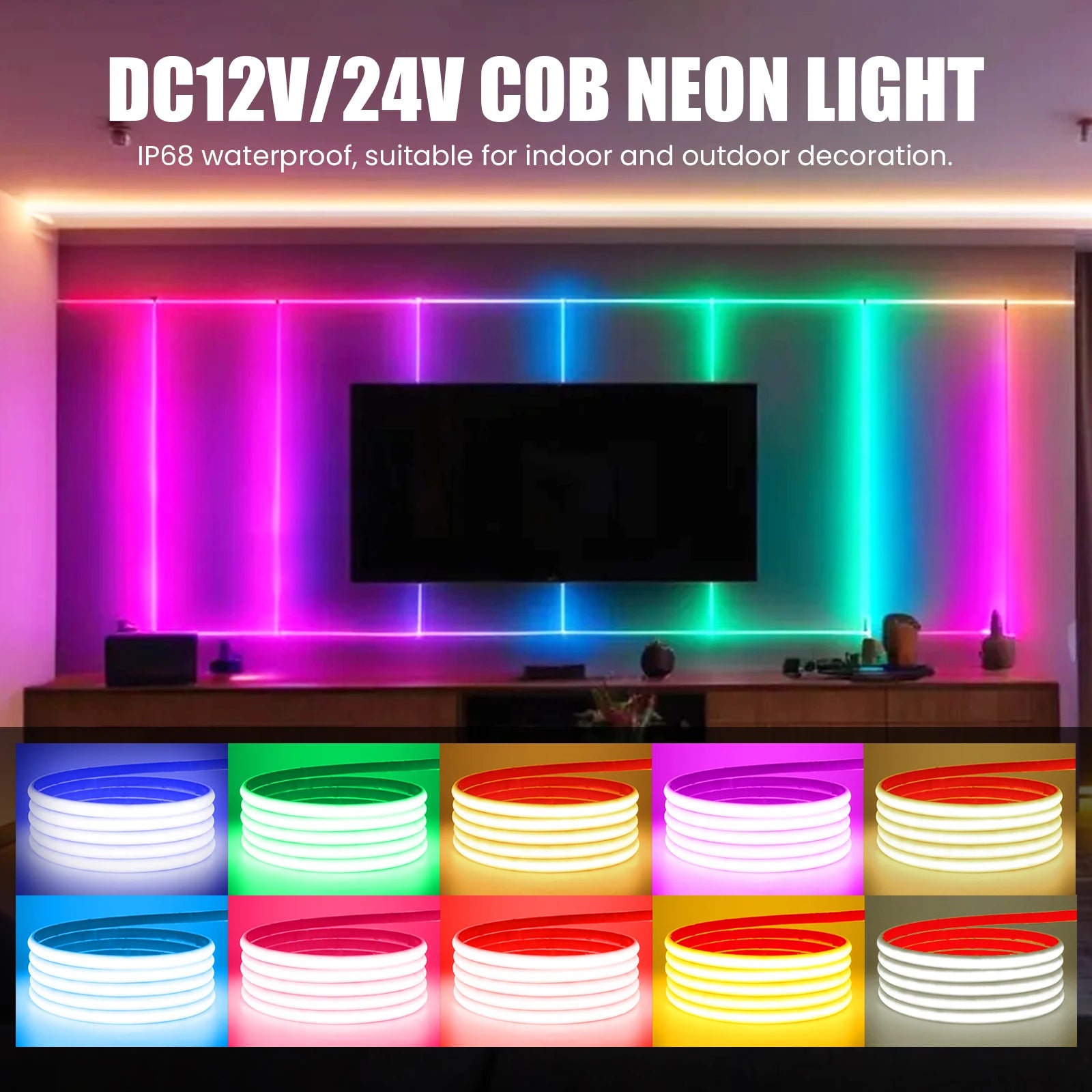 IP68 Waterproof COB LED Strip Light 12V 24V 320LEDs/m Flexible LED Neon Tape for Outdoor Swimming Pool High Density Linear Light