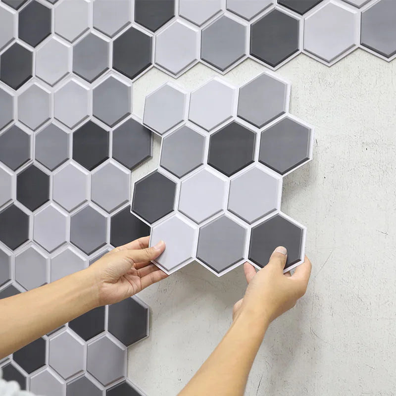 Peel-and-stick hexagon marble backsplash tiles, white and dark gray pattern sheet