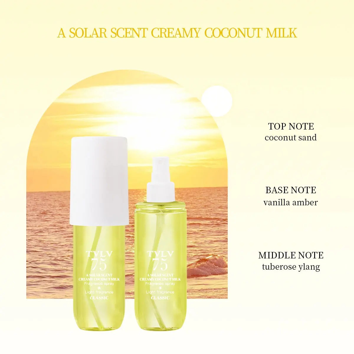 TVLV 75 Brazilian coconut milk perfume: alcohol-free, long-lasting spray with vanilla, tuberose, and ylang notes.
