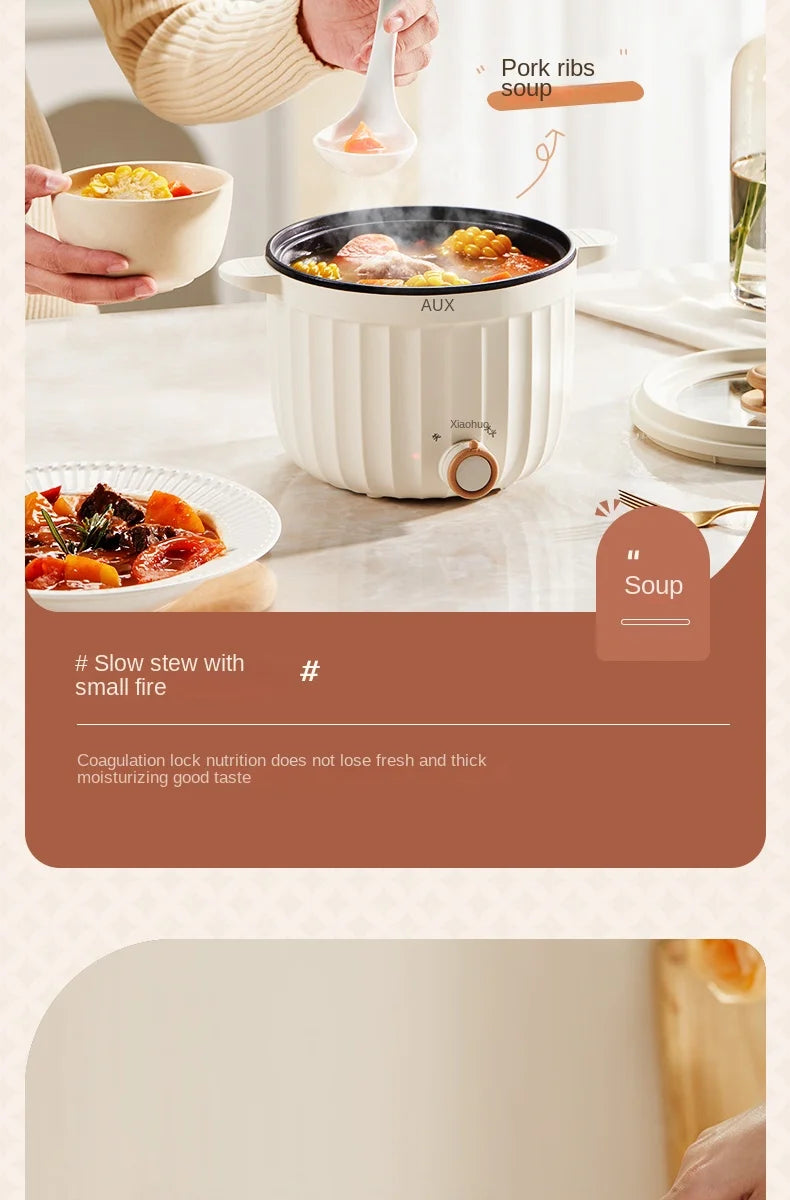 White electric rice cooker heating soup, with steam and serving bowls nearby