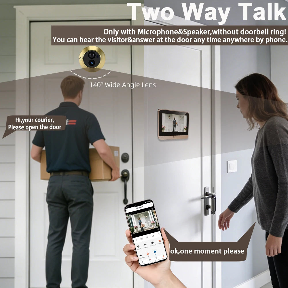 Two Way Talk Security Tuya Smart 2.4G Wifi Peepholes Door Intercom 140° Wide Angle Battery Powered 3MP Video Door  Camera