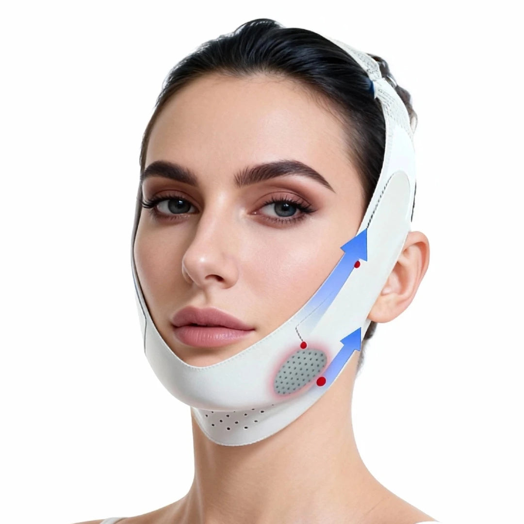 A white V-line facial lifting support band worn by a woman, featuring blue upward-lifting arrows and ventilation holes.