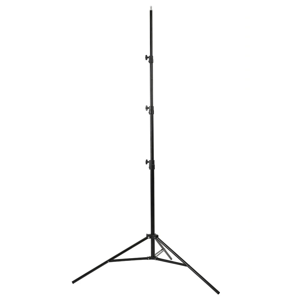 Black metal light stand with an adjustable tripod base and telescoping pole for mounting photography or studio lights.