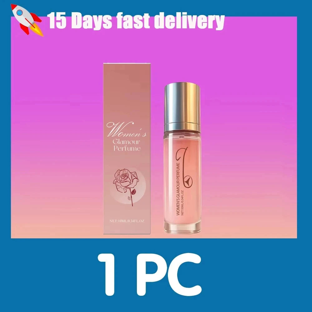 Women's Glamour Rose perfume rollerball, elegant long-lasting floral fragrance in a portable glass travel vial.