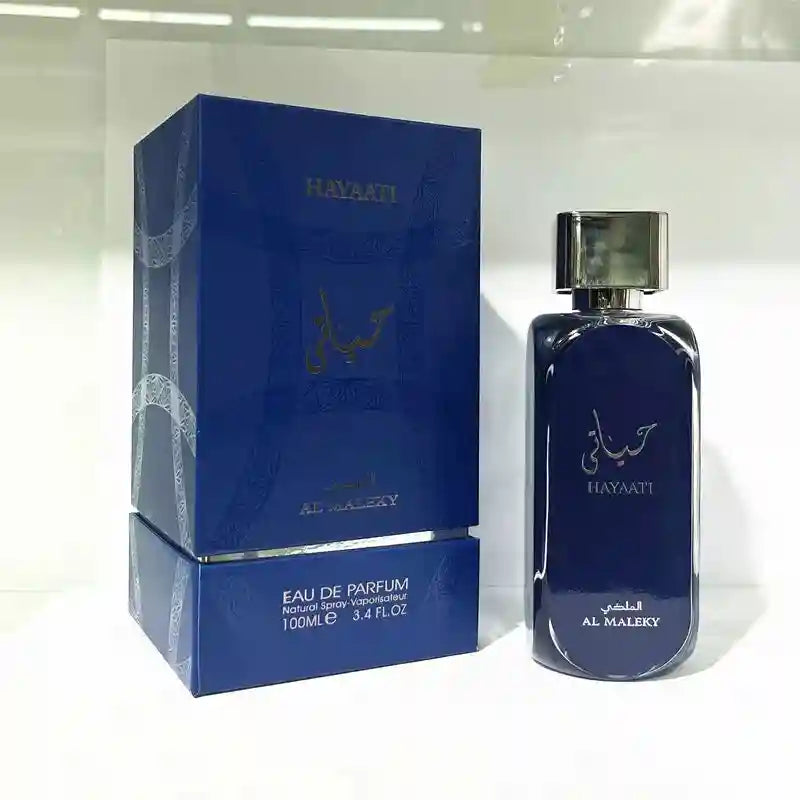 Hayaati Al Maleky EDP for men: Long-lasting Arabic perfume in a sleek blue bottle and matching luxury display box.