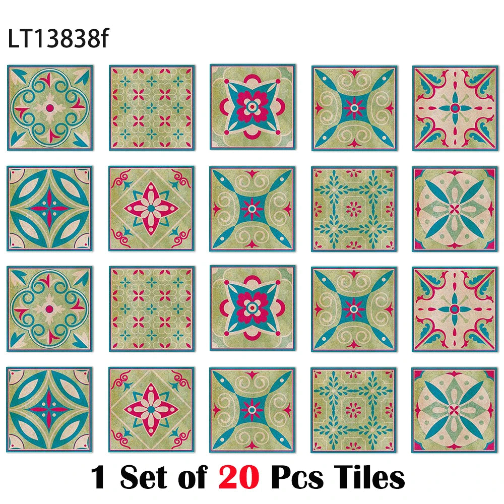 Glossy boho tile stickers set of 20, teal blue and pink ornamental square designs