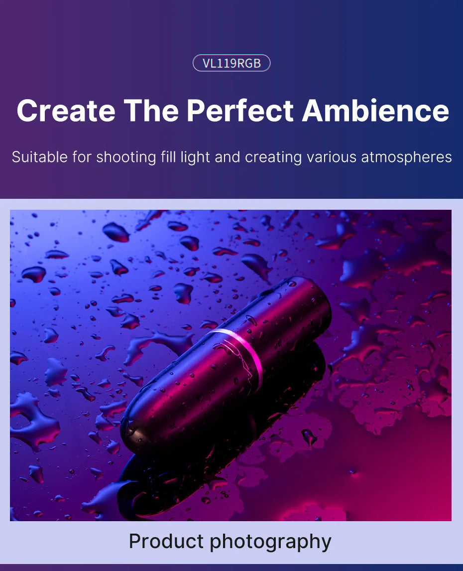 VL119RGB wand light on a wet, reflective surface, casting blue and pink light for photography and ambient effects.