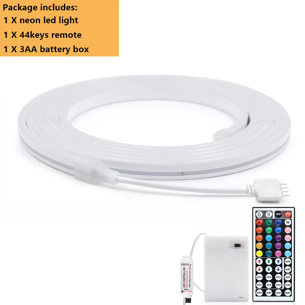 White LED neon strip light roll with 3AA battery box and 44-key remote control