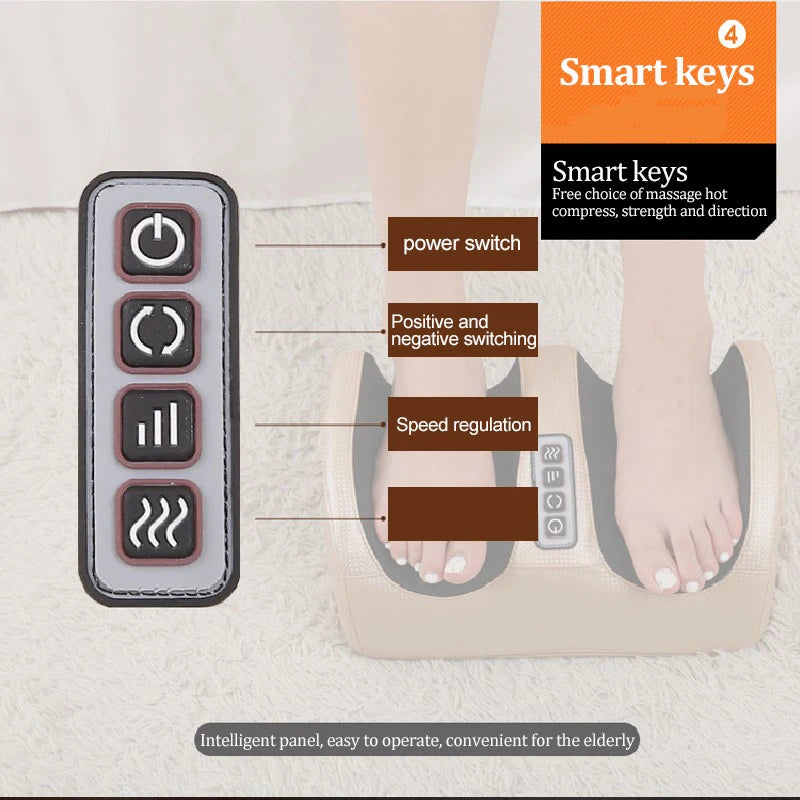 Beige electric foot and calf massager with heated deep tissue kneading, showing smart control panel for easy operation.