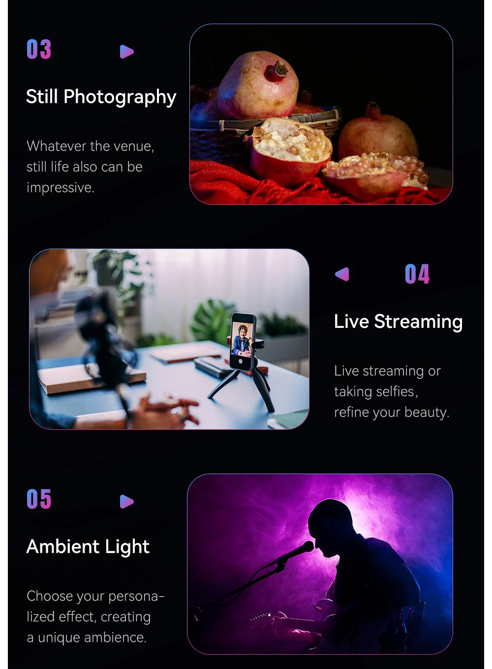 Mini tripod and portable light used for still photography, live streaming, and colorful ambient lighting effects.